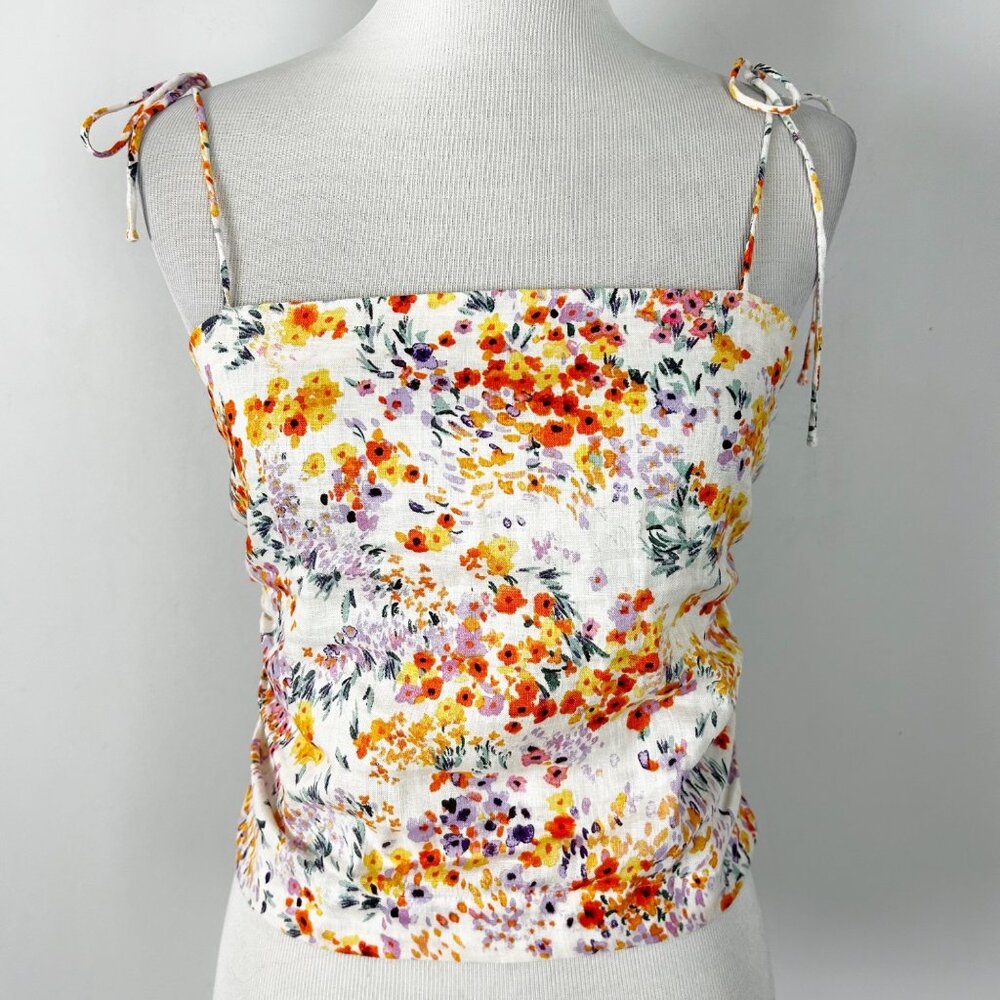 H&M Spring Floral Cropped Tank Top 100% Linen Cottage Coquette Size Small Women'